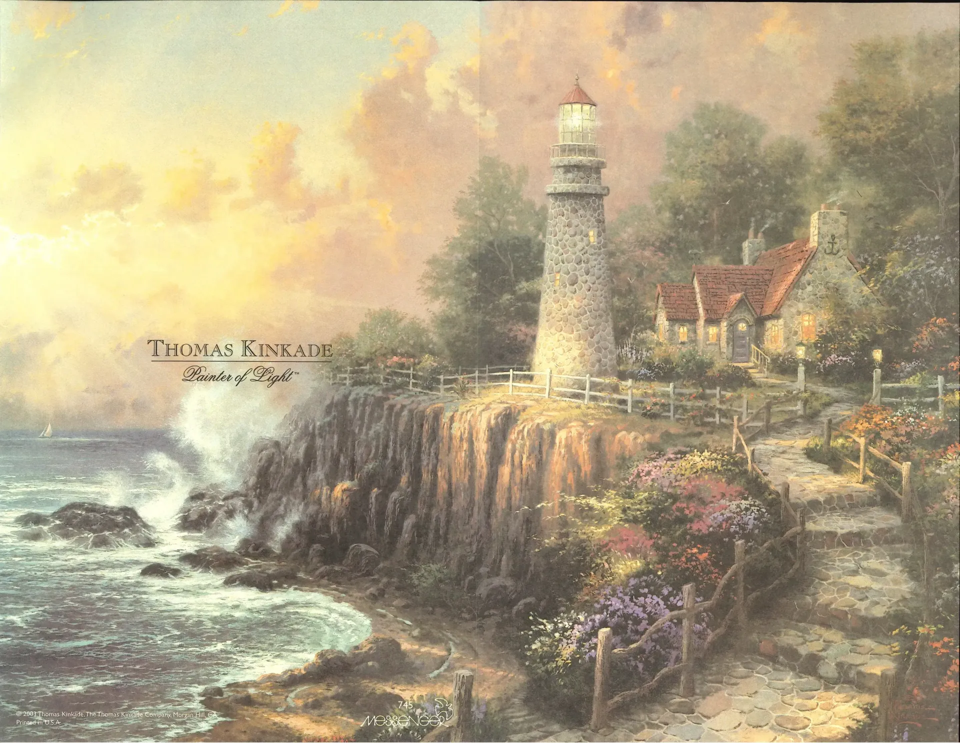 Lighthouse on a cliff overlooking the ocean at sunset; waves crash below.