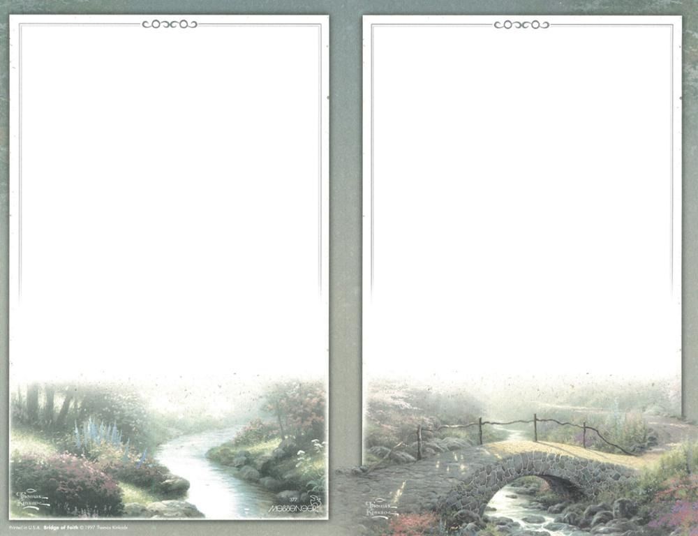 Two sheets of stationery with a landscape of a river and a stone bridge at the bottom.