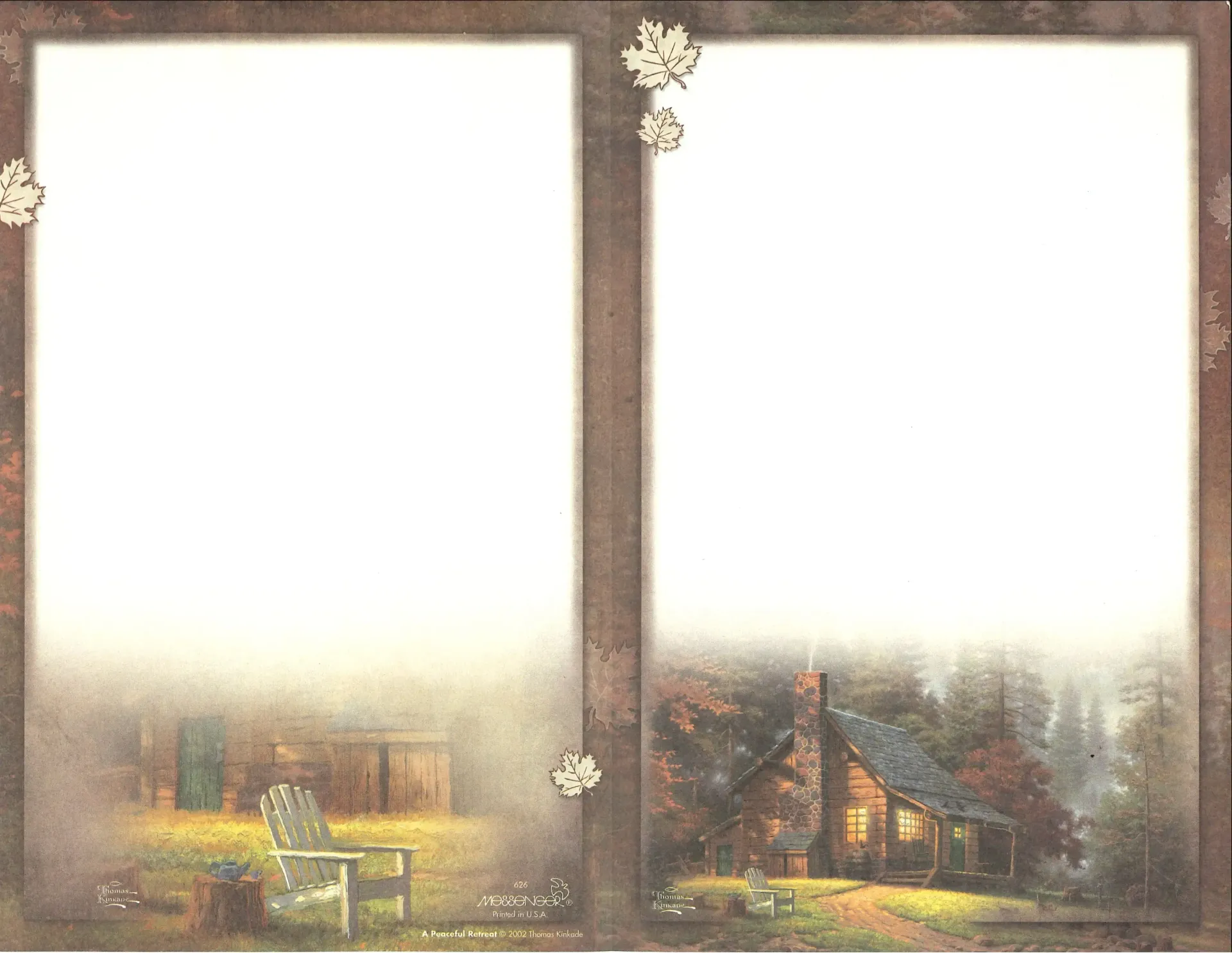 Rustic cabin view through two window panes; outdoor scene with chair, foliage, and a stone chimney.