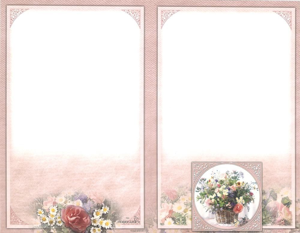 Two floral stationery pages, pink borders, blank space, flower bouquet illustration on one.