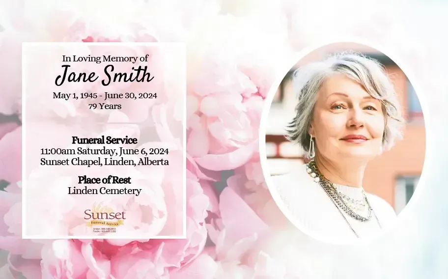 Funeral announcement for Jane Smith with photo and service details.