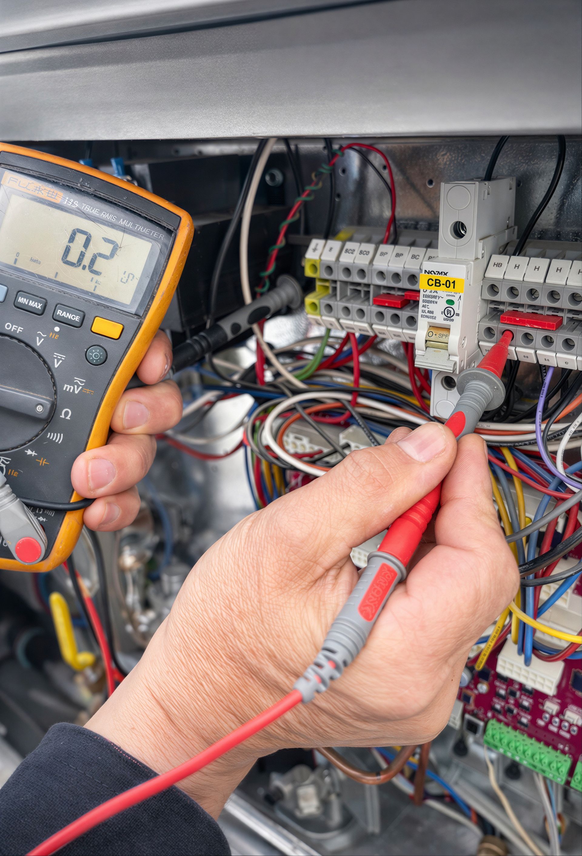 Electrician diagnosing electrical issue during emergency repair in Edmonton