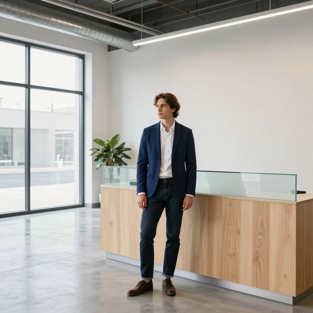 Man in a blazer and jeans stands near a wooden reception desk in a modern office.