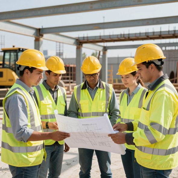 Construction workers in yellow vests and hard hats reviewing blueprints at a construction site.
