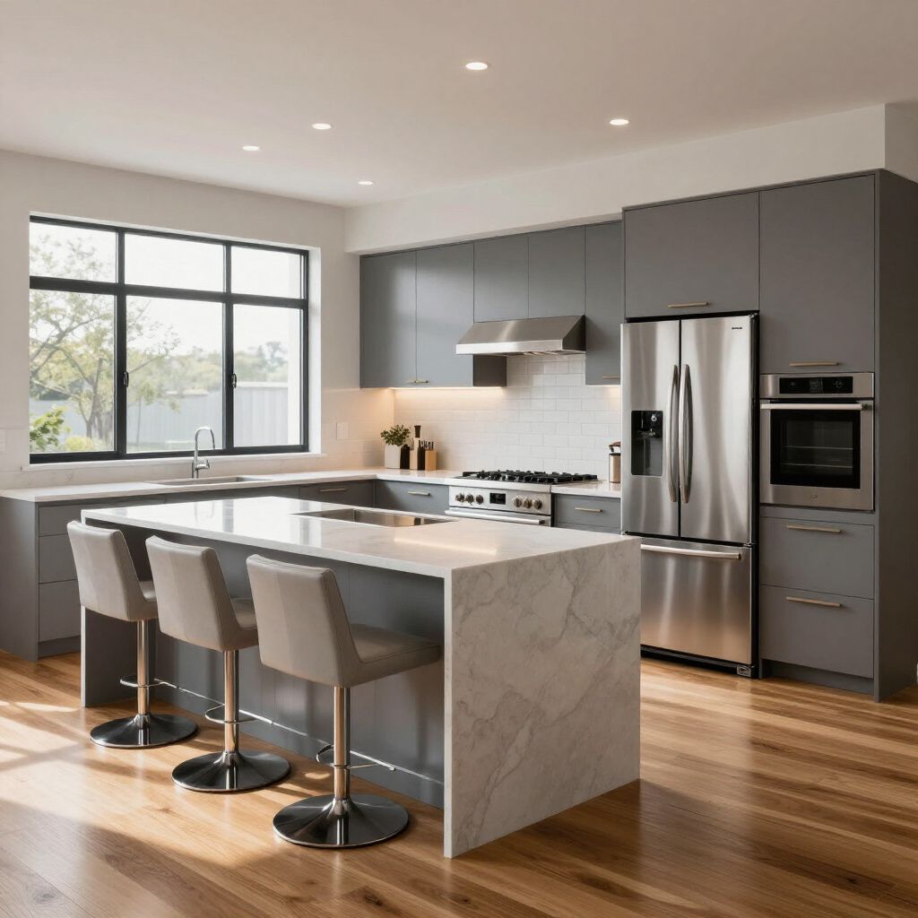 Modern gray kitchen with island, stainless steel appliances, and wood flooring.
