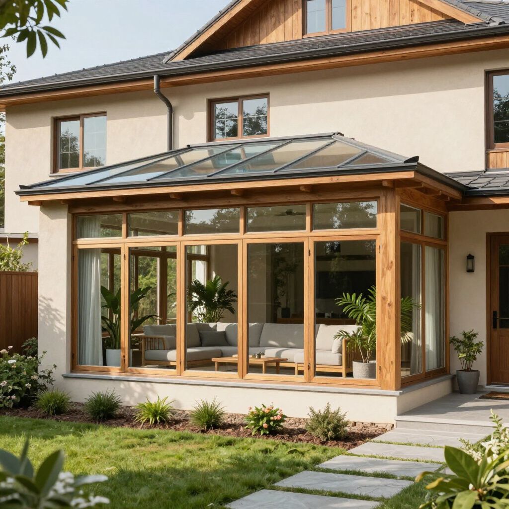 Sunroom addition with wood frame and glass roof on a beige house, with outdoor seating.