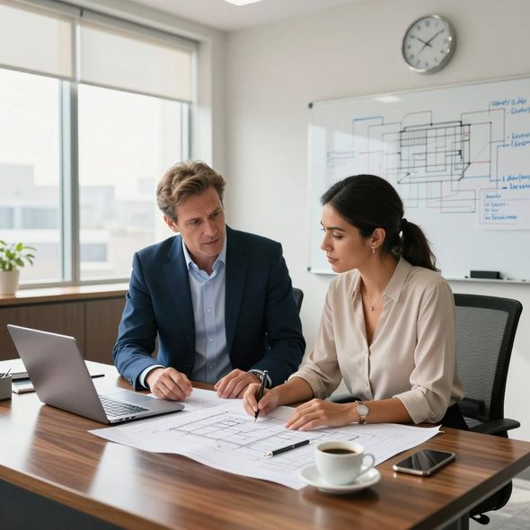 Man and woman reviewing blueprints at a desk with a laptop and coffee.