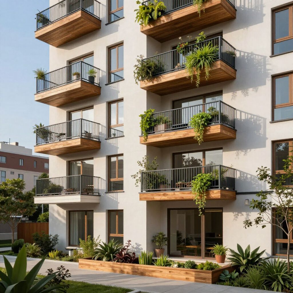 Modern white apartment building with wooden balconies, lush greenery, and potted plants.