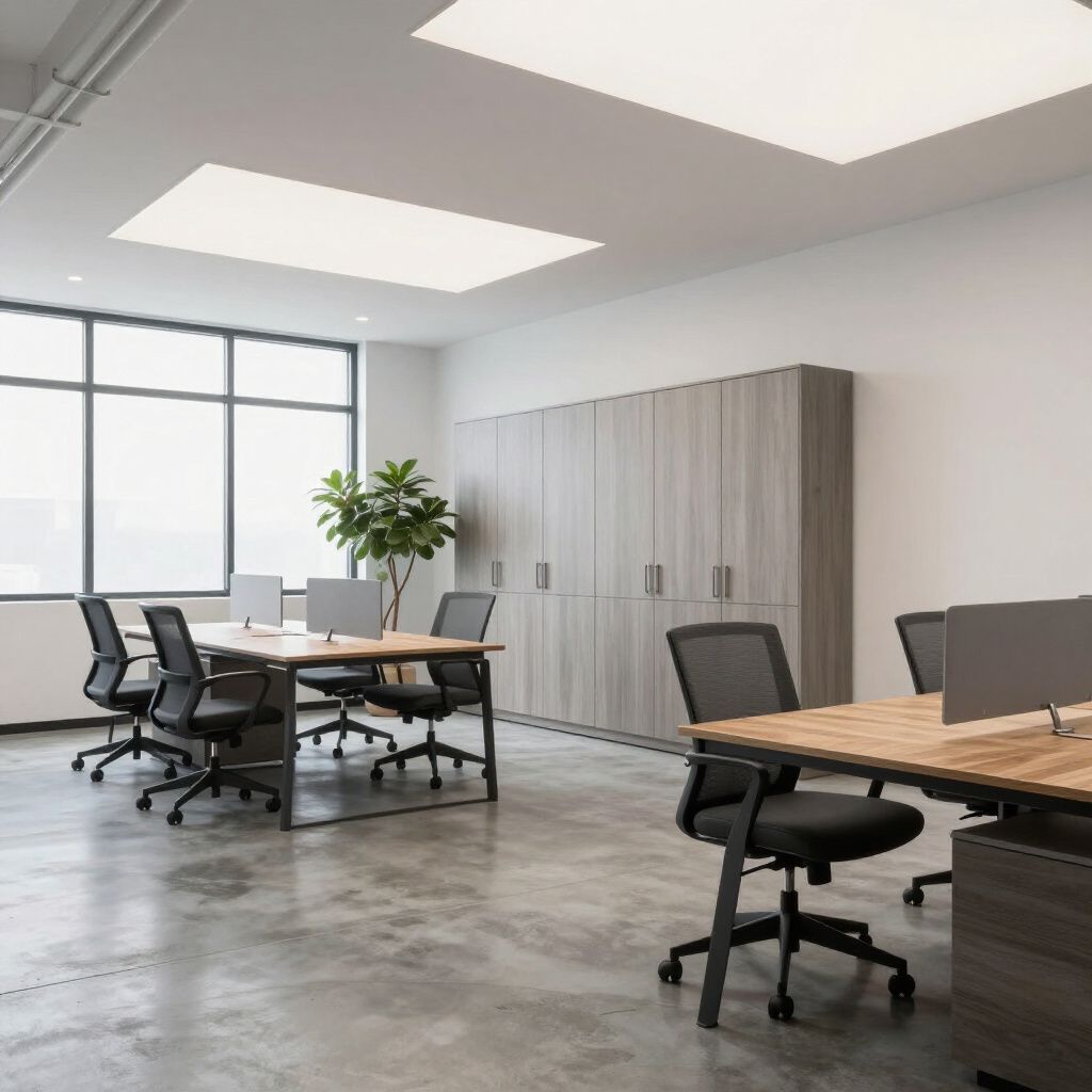 Modern office space with desks, chairs, storage cabinets, large windows, and a plant.