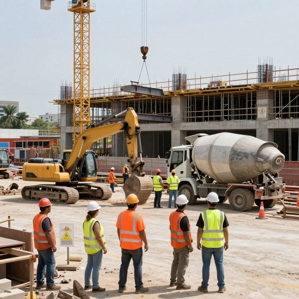 Construction site with crane, excavator, and workers in safety vests.