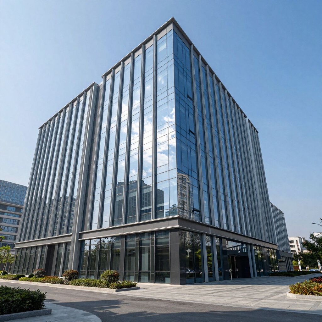 Modern glass and steel office building under a blue sky, reflecting surrounding buildings.