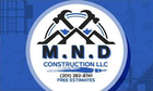 M.N.D. Construction LLC logo with crossed hammers and phone number (201) 282-8741.