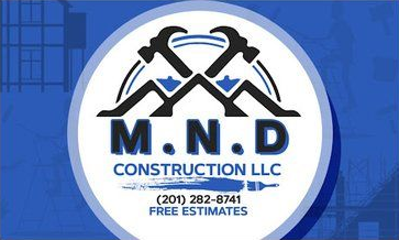M.N.D. Construction LLC logo with crossed hammers and phone number (201) 282-8741.