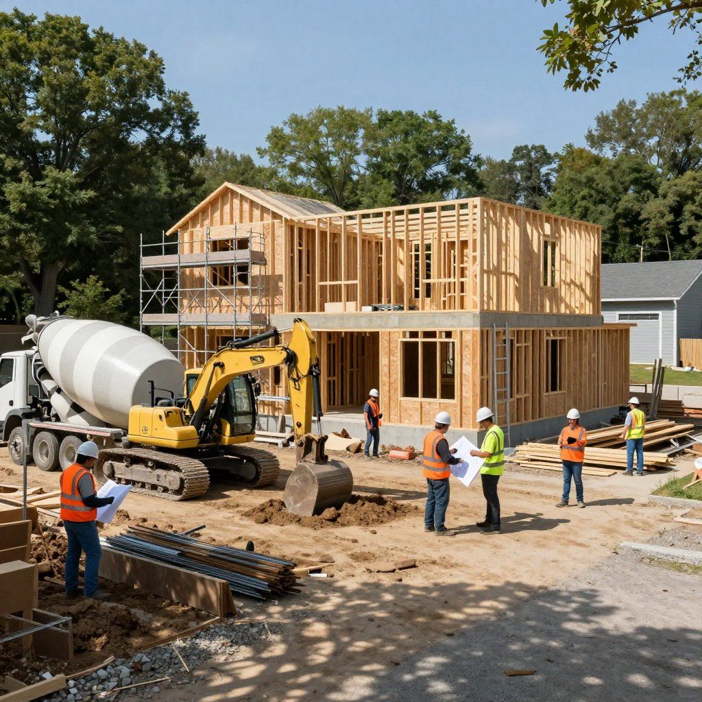Construction site: new house frame, excavator, cement truck, workers in vests reviewing plans.
