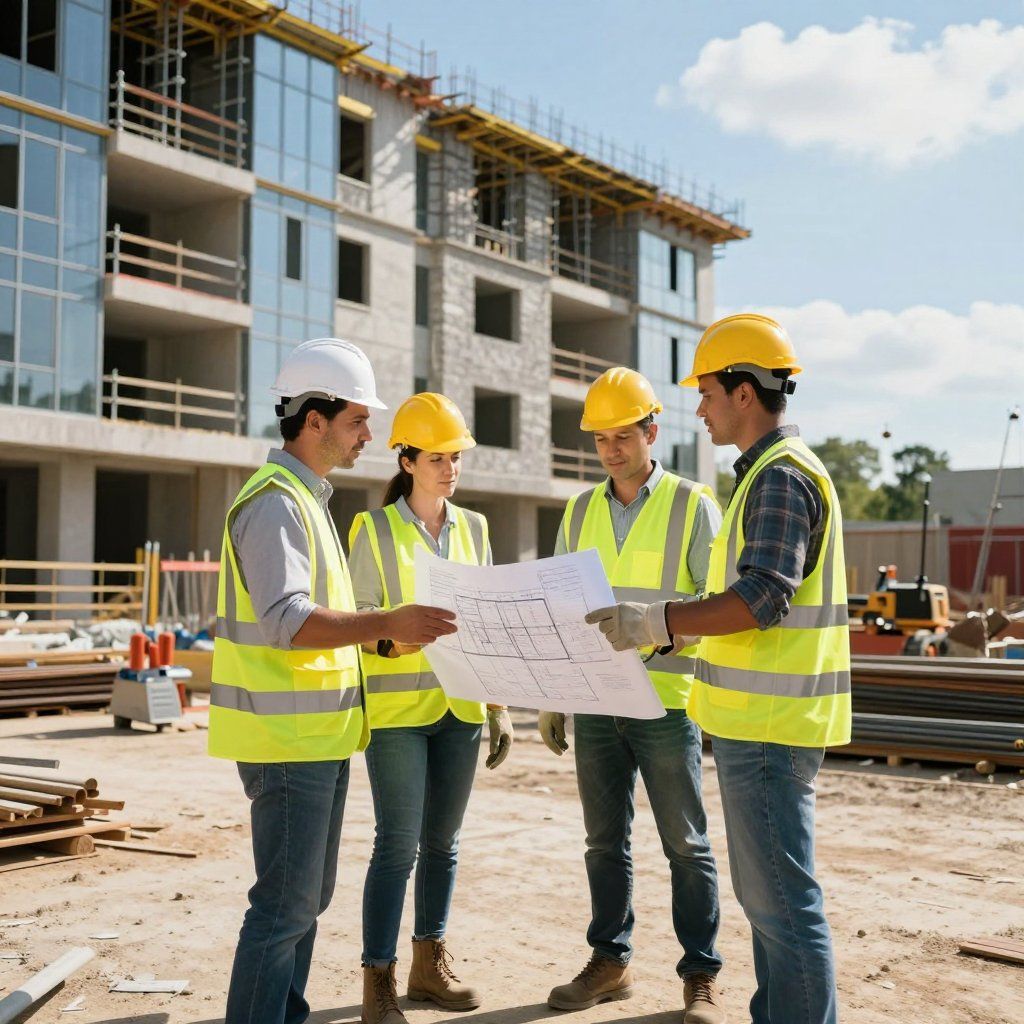 Construction workers in hard hats and vests review blueprints at a building site.