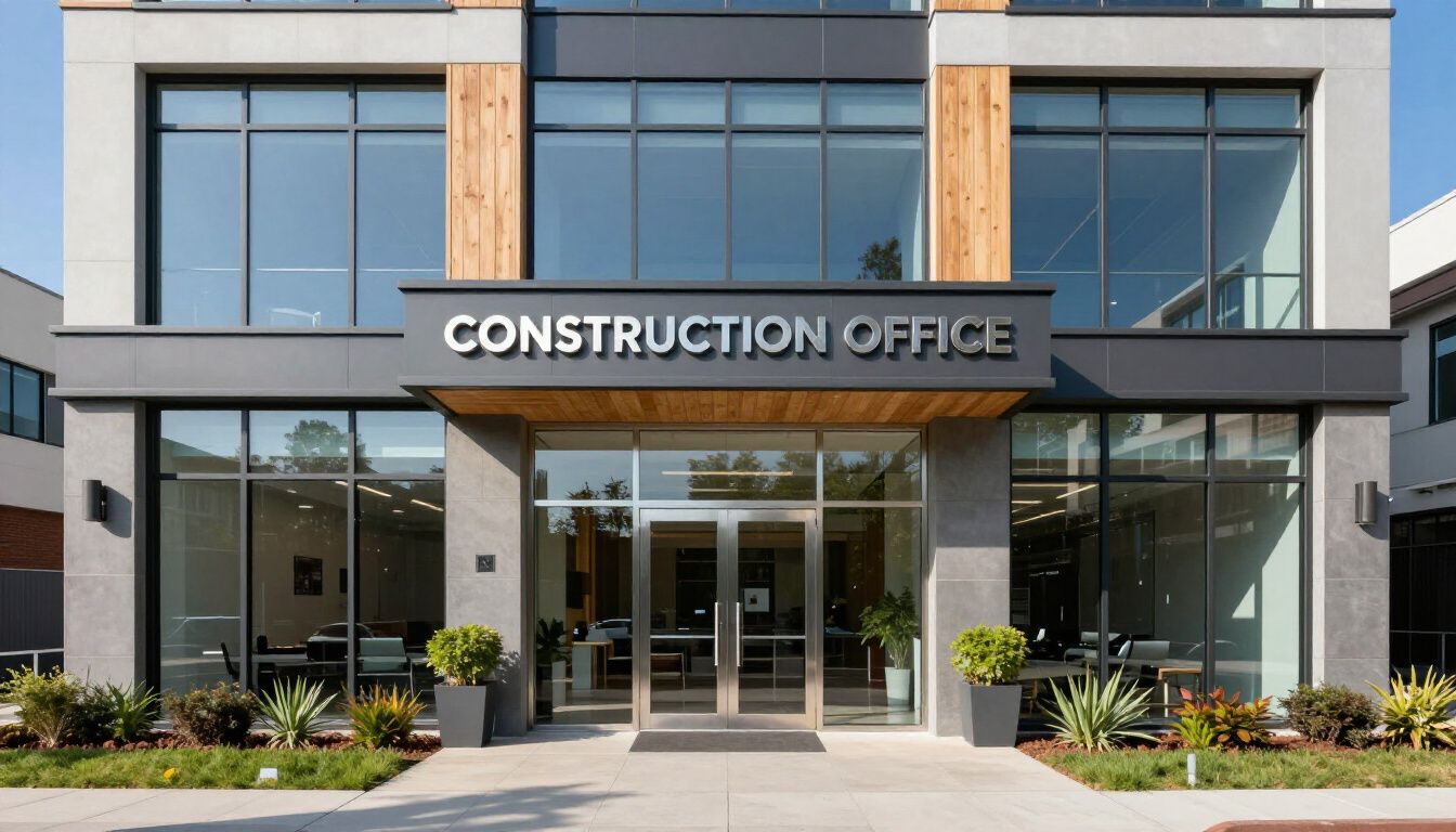 Construction office building entrance with large glass windows and 