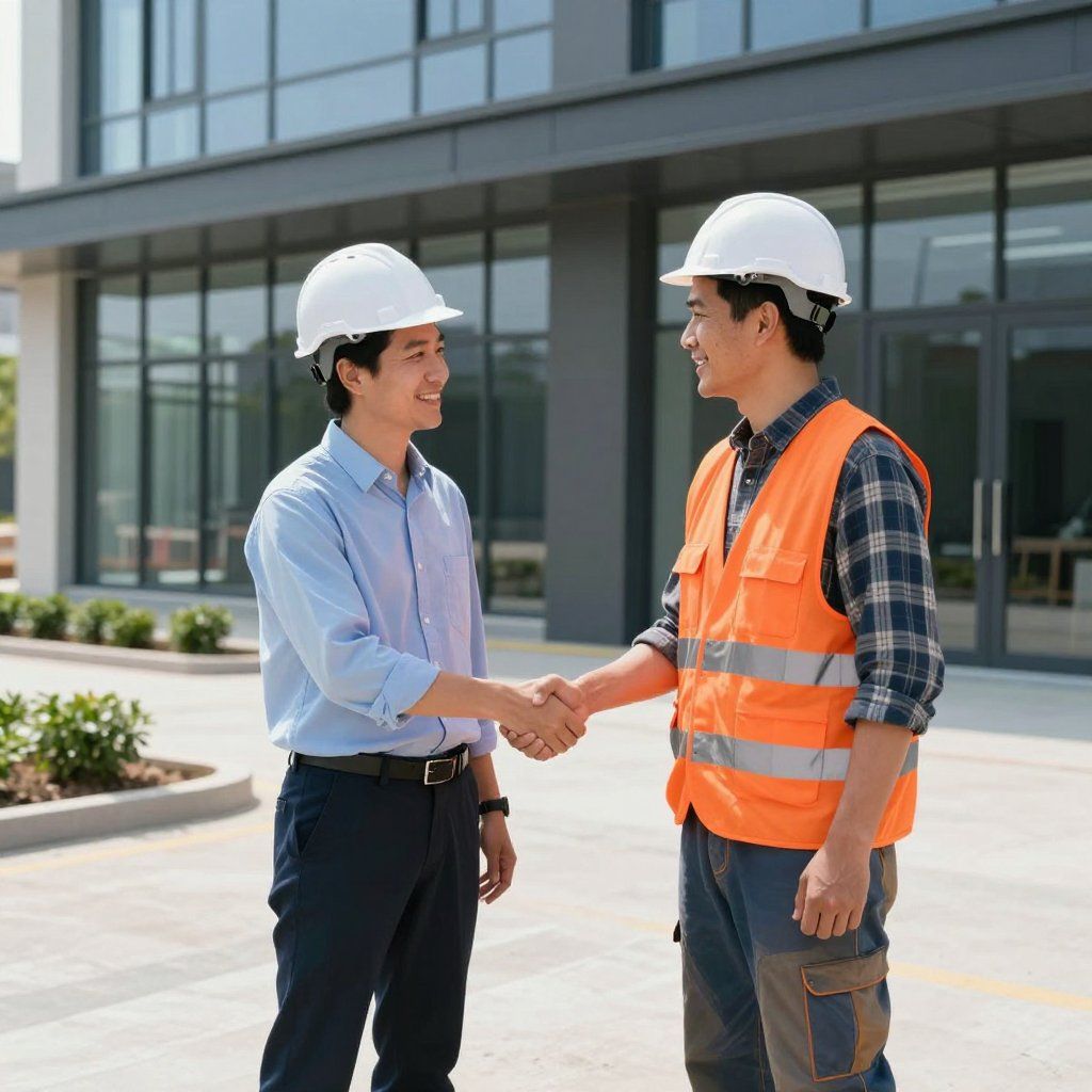 Two construction workers in hard hats shake hands in front of a building. One wears an orange vest.