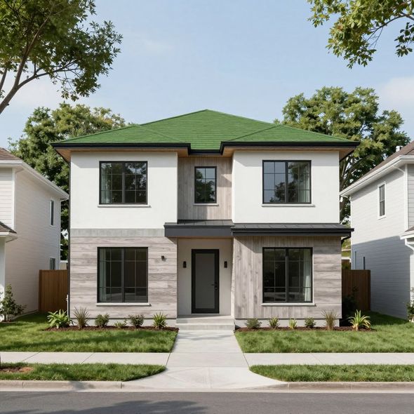 Modern two-story house with green roof, light exterior, and dark-framed windows.