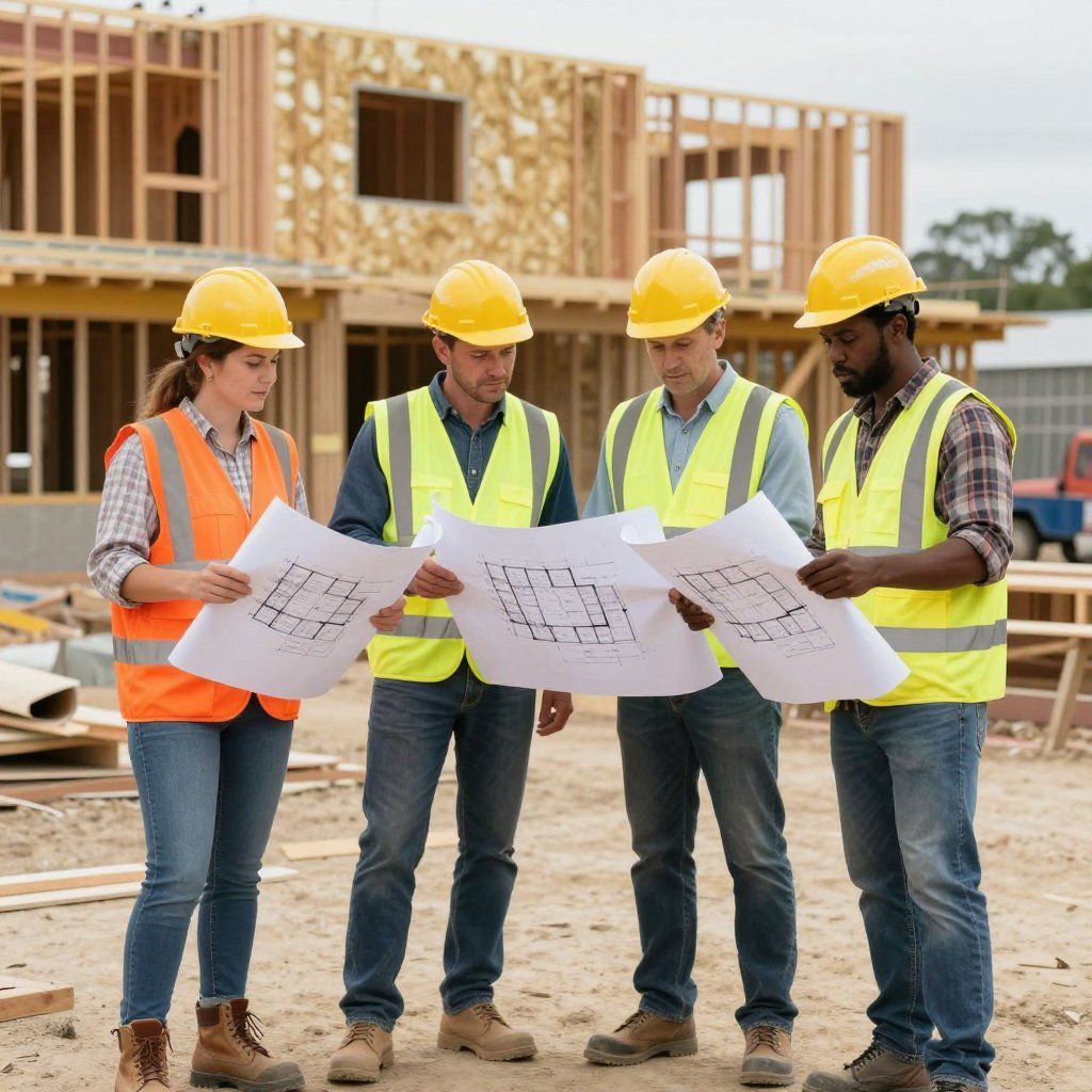 Construction workers reviewing blueprints at a building site.