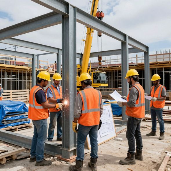 Construction workers in hard hats and vests welding steel beams with a crane in the background.