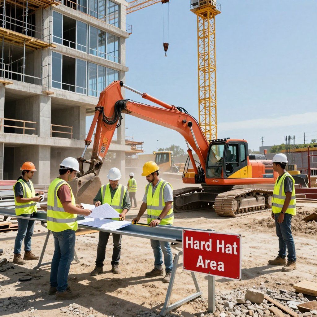 Construction workers at a site with a building frame, excavator, and crane, reviewing plans.