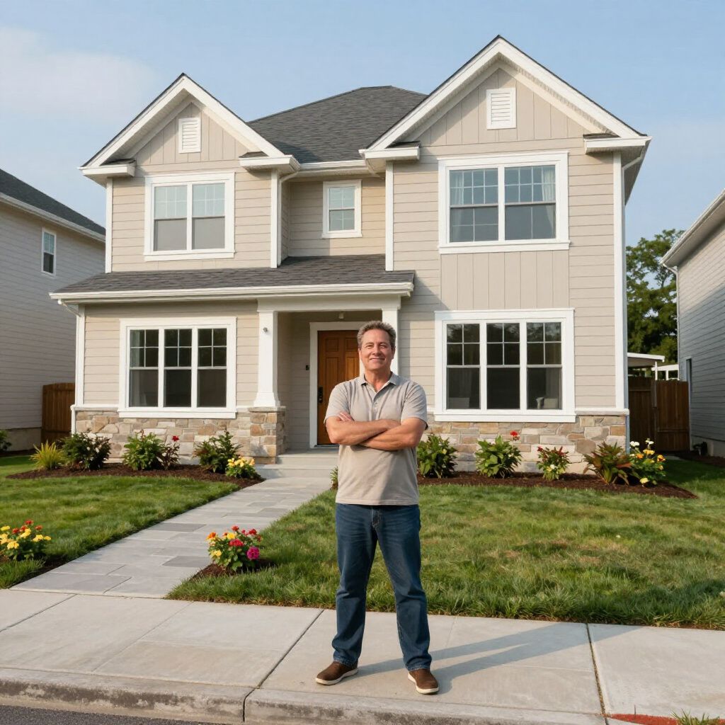 Man standing in front of a two-story house with gray siding and stone accents, arms crossed.