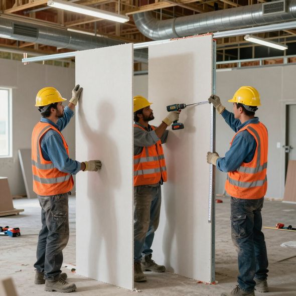 Construction workers installing drywall in a building. Two hold panels, one screws.