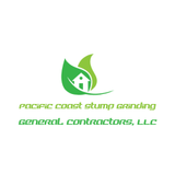 Logo: green leaves and house outline, text reads "Pacific Coast Stump Grinding General Contractors, LLC."