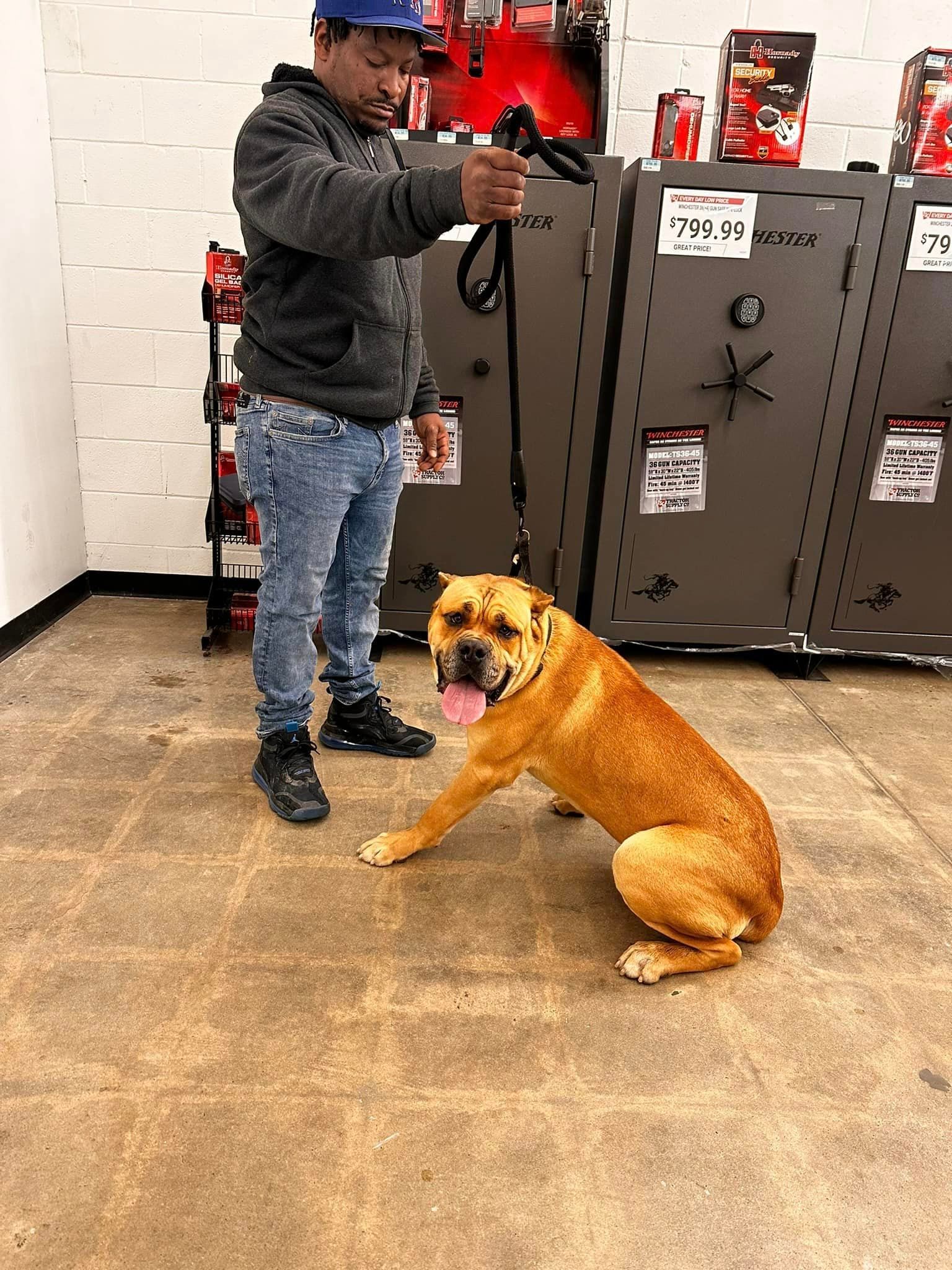 A man is standing next to a dog on a leash in a room.
