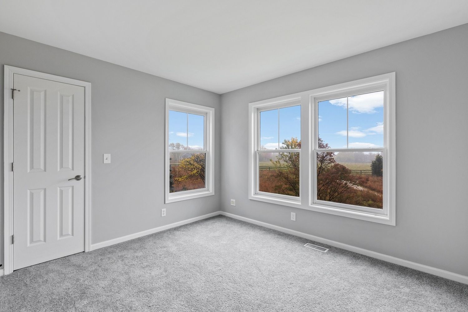 Empty room with gray walls, white door and windows, and light gray carpet. Windows reveal a landscape.