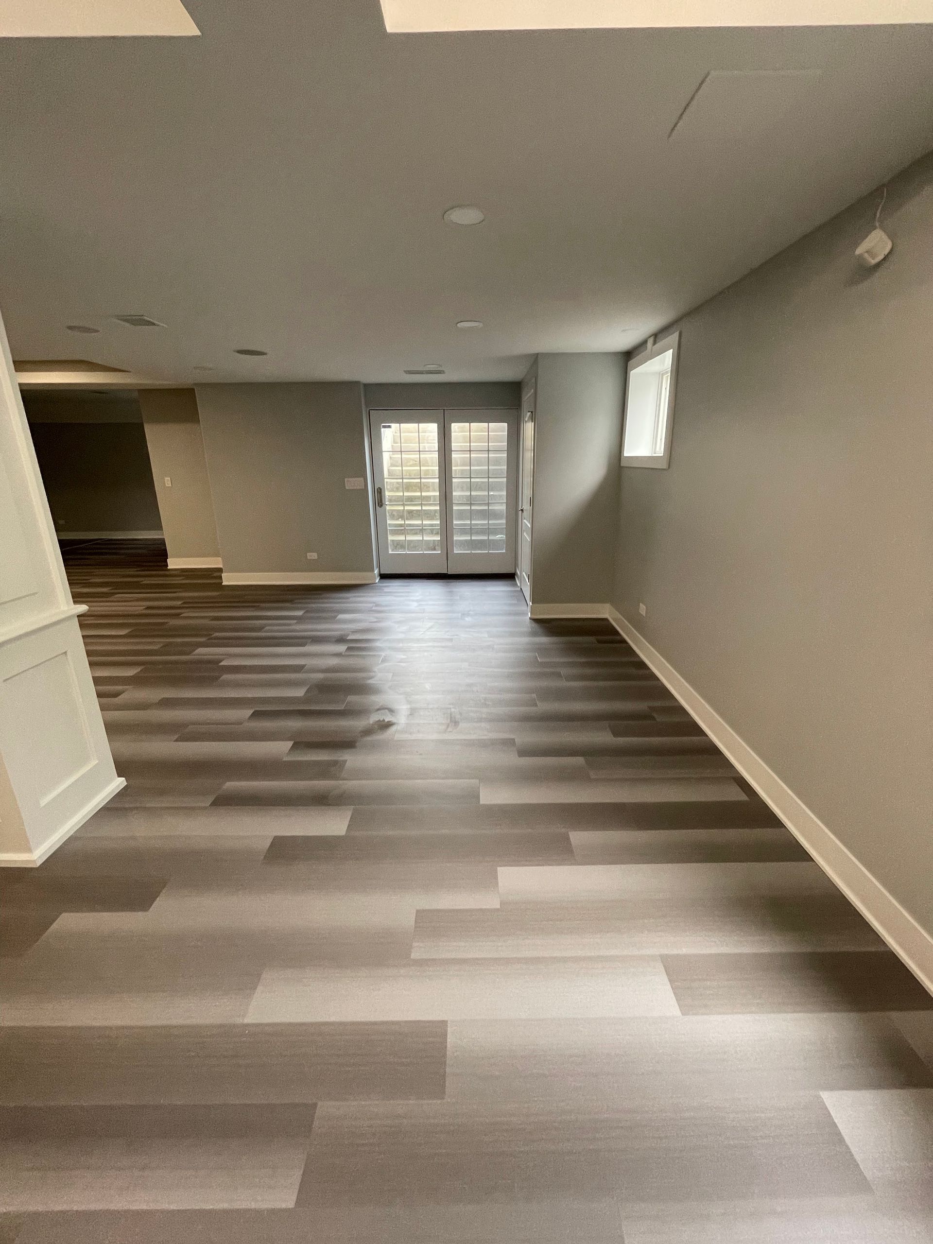 Empty room with gray wood-look flooring, gray walls, and a doorway leading outside.