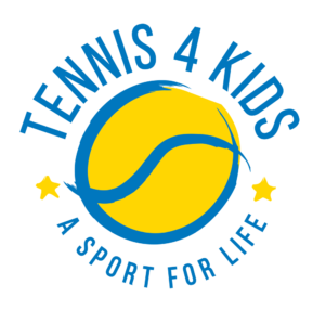 Tennis 4 Kids logo with blue text around a yellow tennis ball and blue swoosh, tagline &ldquo;A sport for life&rdquo;