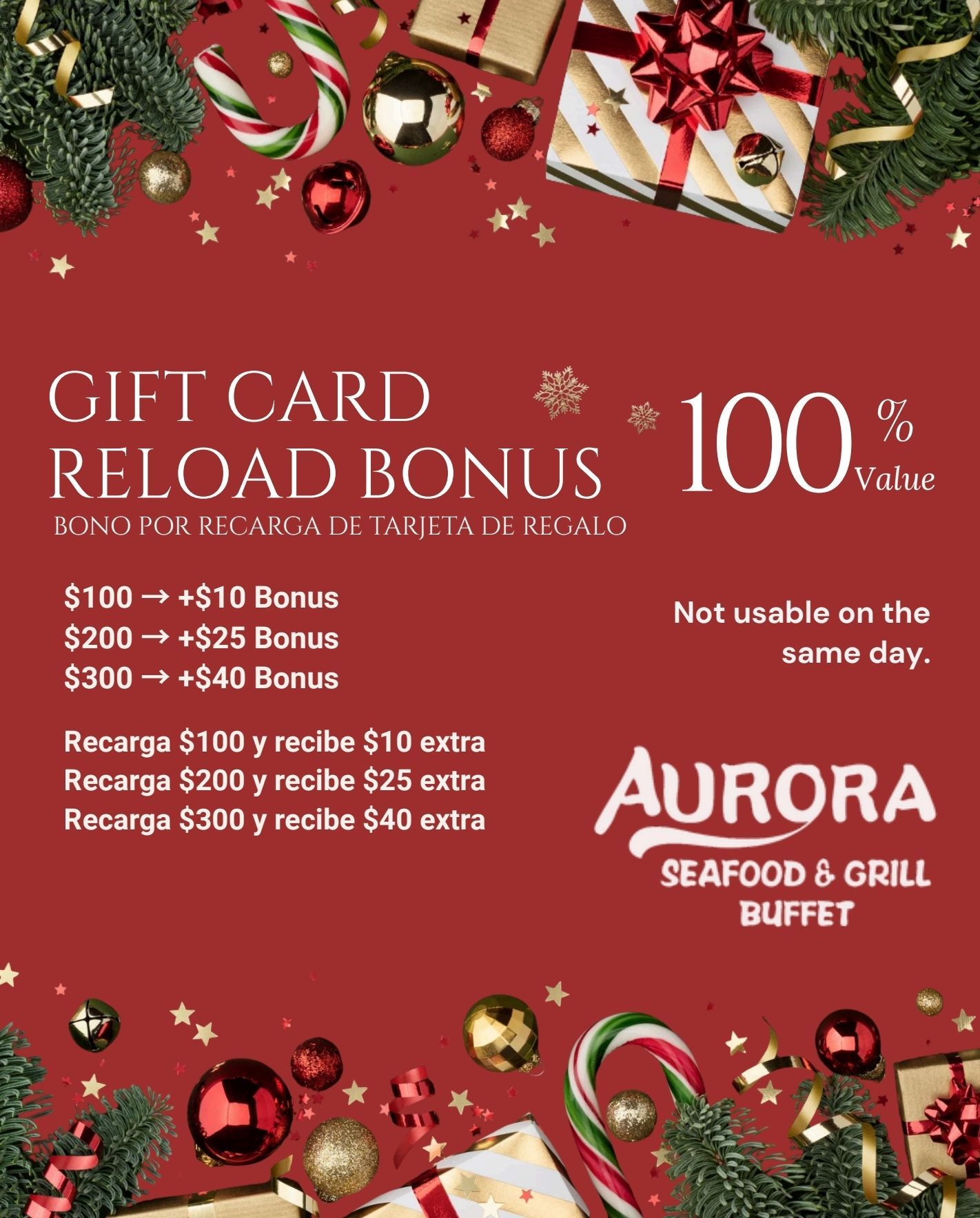 Aurora Holiday gift card reload bonus