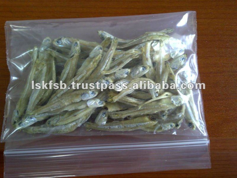 Dried anchovies in a clear plastic bag.