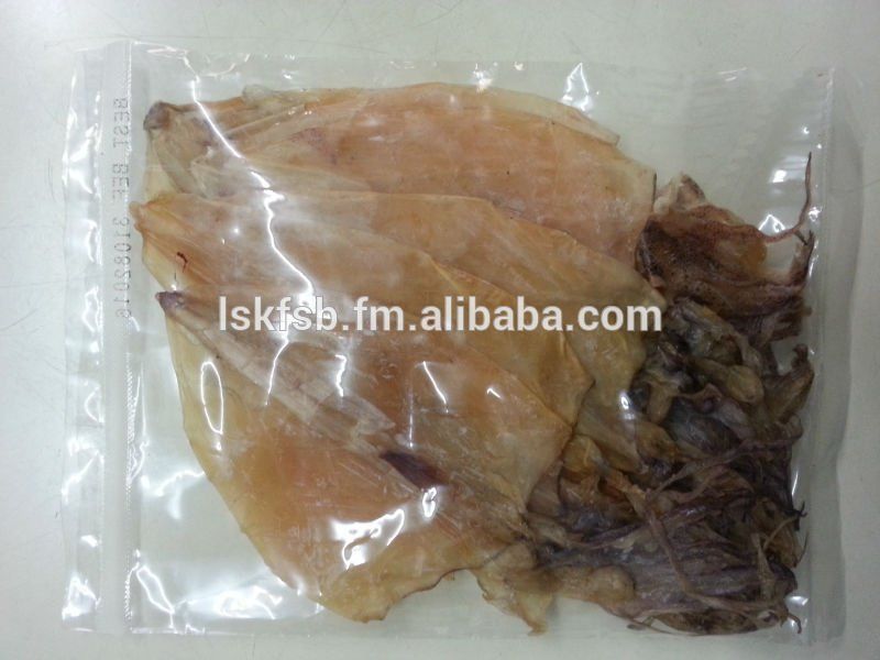 Dried squid snacks in a clear plastic bag.