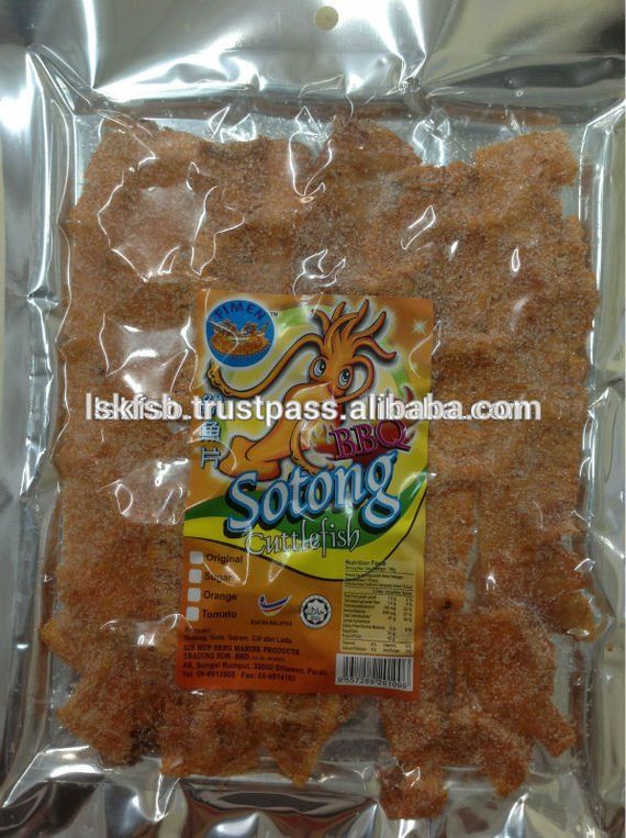 Package of spiced Sotong (squid) crackers. Brown, flat snacks with a label showing a squid.