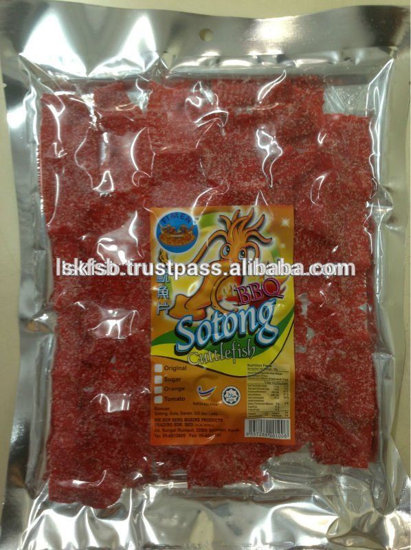 Sealed package of red, sugared sotong (squid) candy.