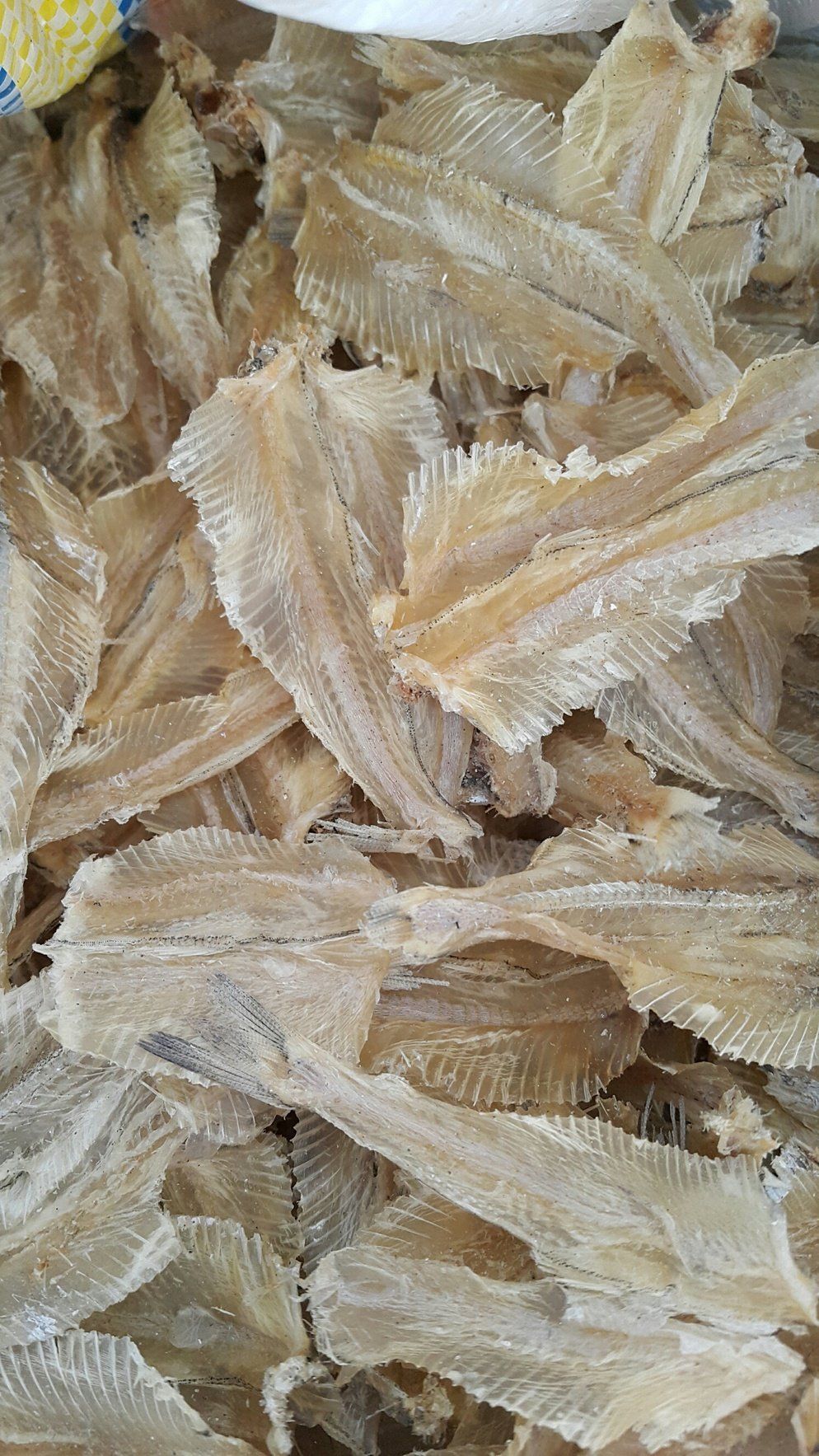 Dried fish, light beige, arranged in a pile.
