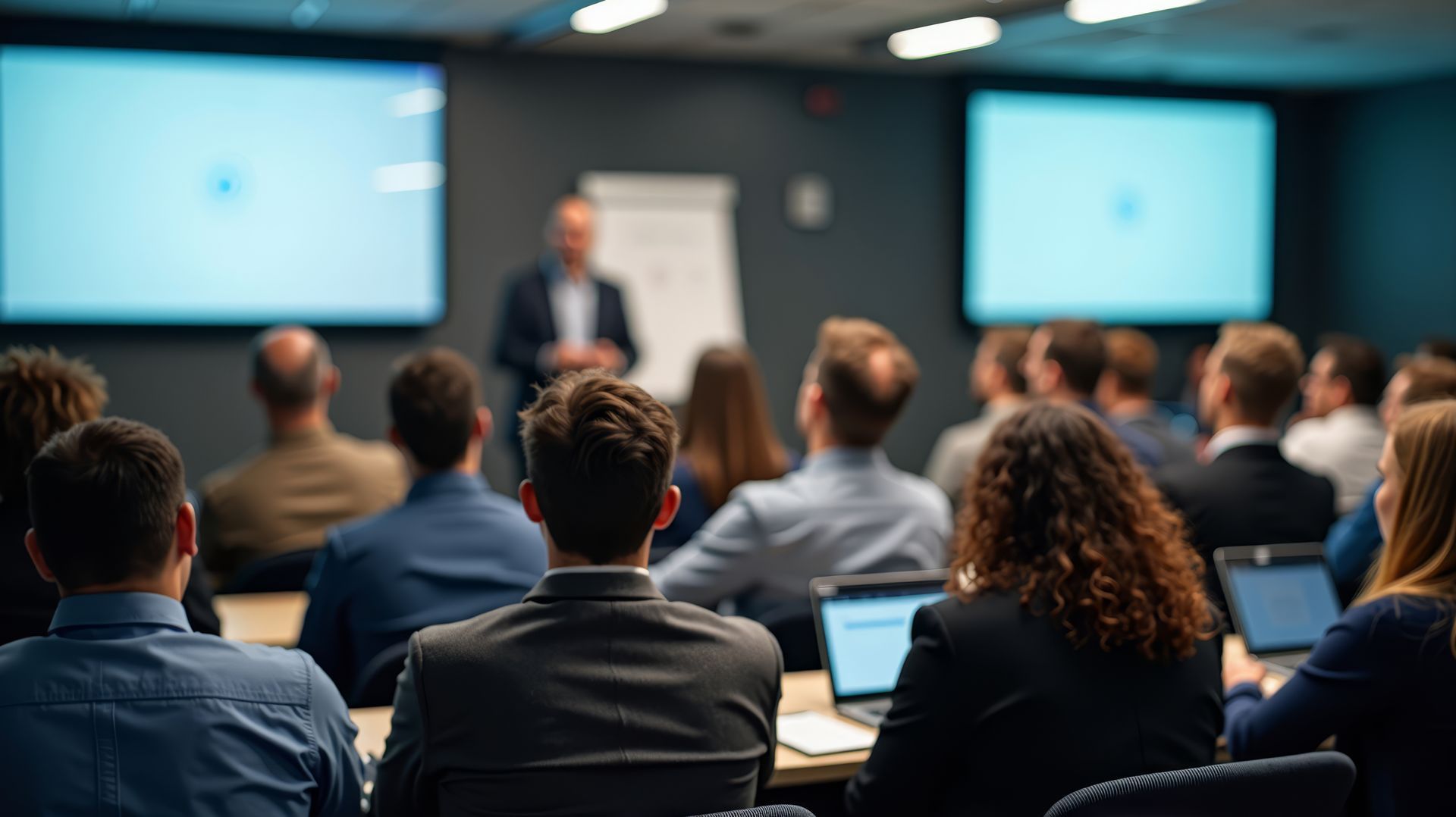 A professional presentation in a modern conference room with an audience seated at tables facing a speaker. A professional presentation in a modern conference room with an audience seated at tables facing a speaker.