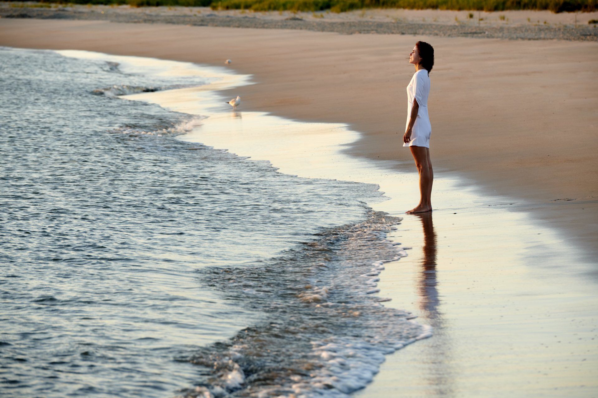 Beth Frates MD standing on a beach looking out over the ocean.