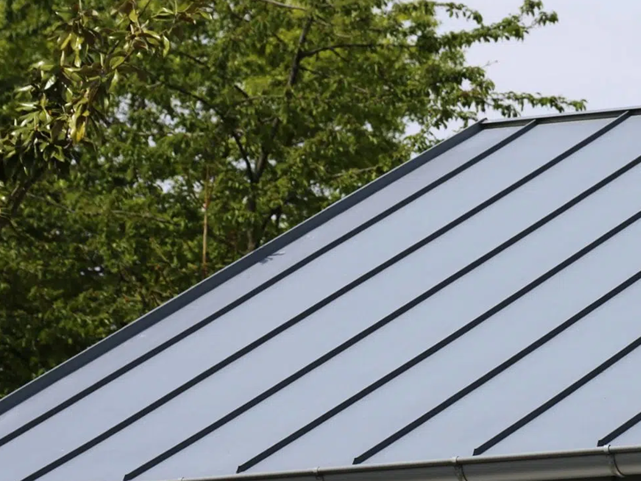 A close up of a roof with trees in the background.