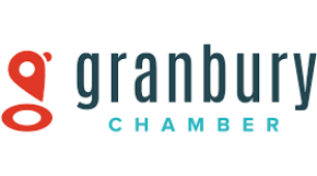 A logo for granbury chamber is shown on a white background