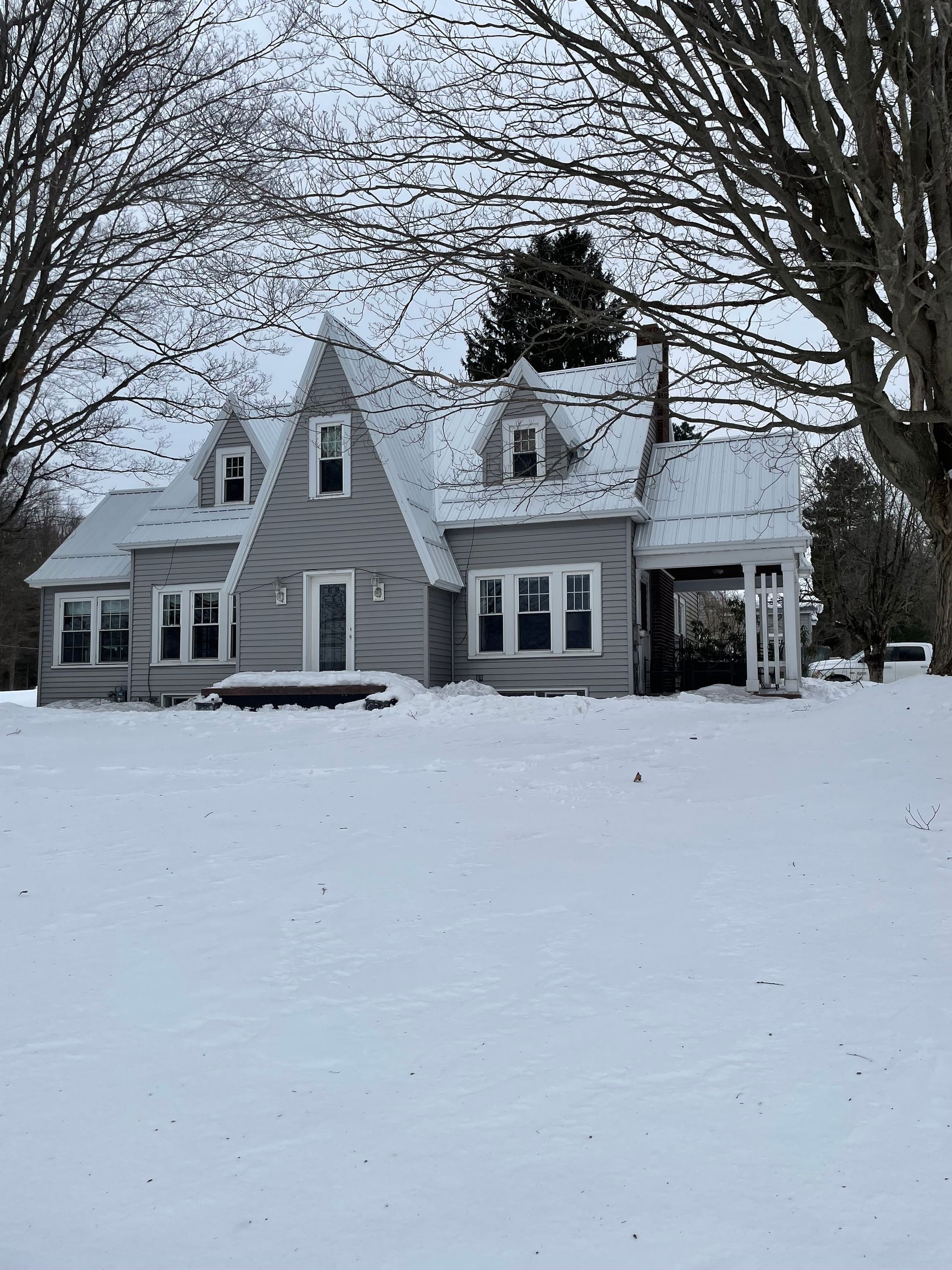 A house is covered in snow with trees in the background.