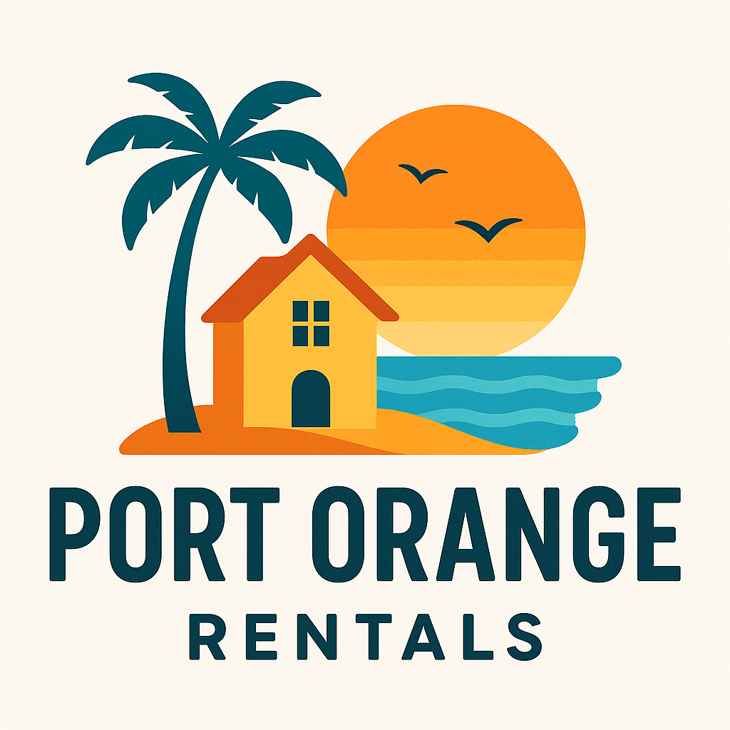 Logo: Beach scene with house, palm tree, sun, and 