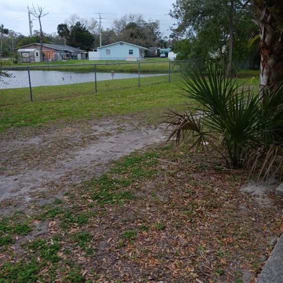 Grassy yard with chain-link fence surrounding a pond. Houses are in the background on a cloudy day.