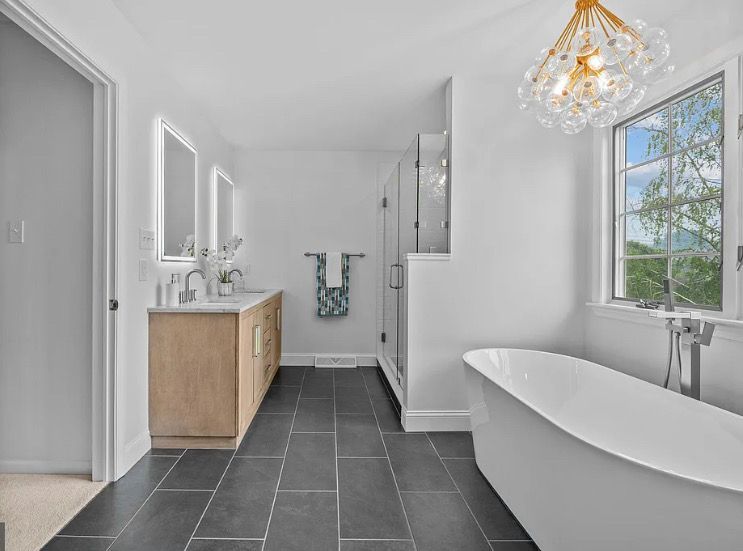 Beautiful bathroom design stand alone tub Christy Martin Interiors