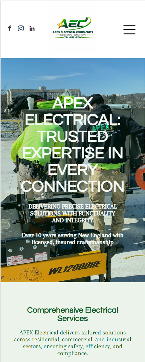 A webpage header for Apex Electrical, showing workers on a construction site with overlaid business branding and text.