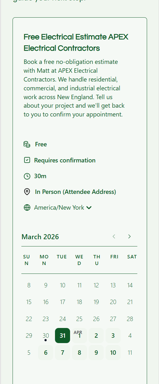 An Apex Electrical Contractors appointment booking form displaying a March 2024 calendar with a selected date.