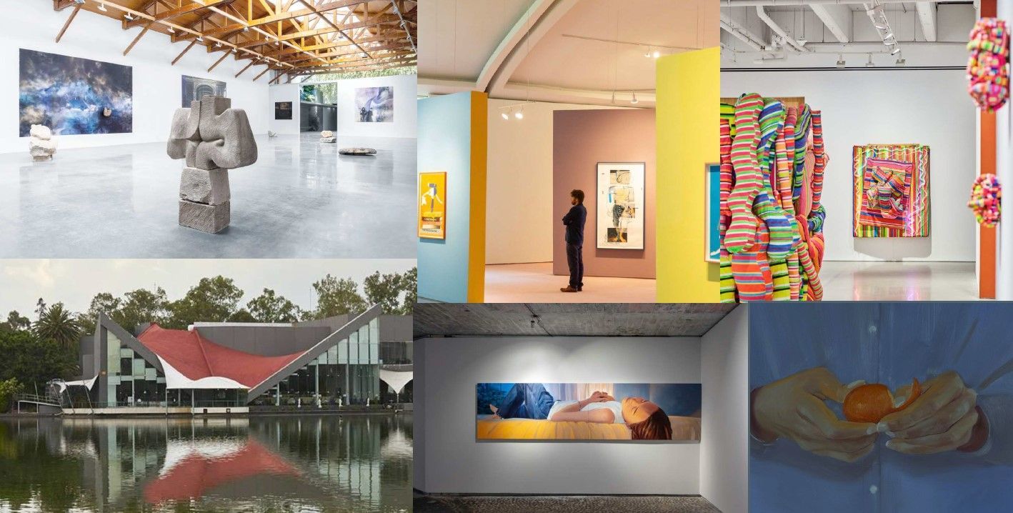 A collage of pictures of a man standing in a museum