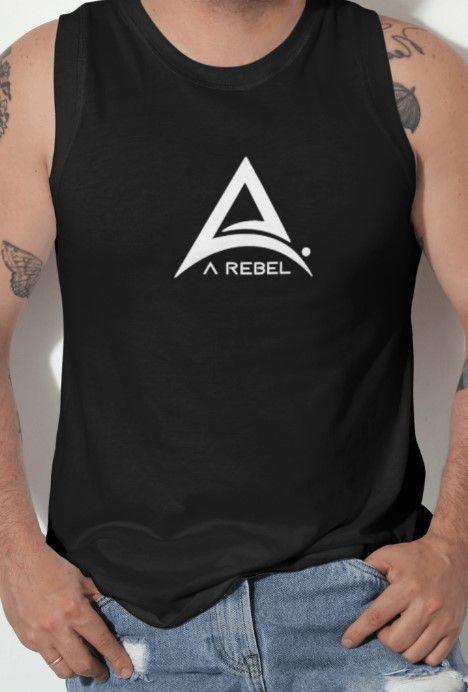 A man wearing a black tank top with a rebel logo on it
